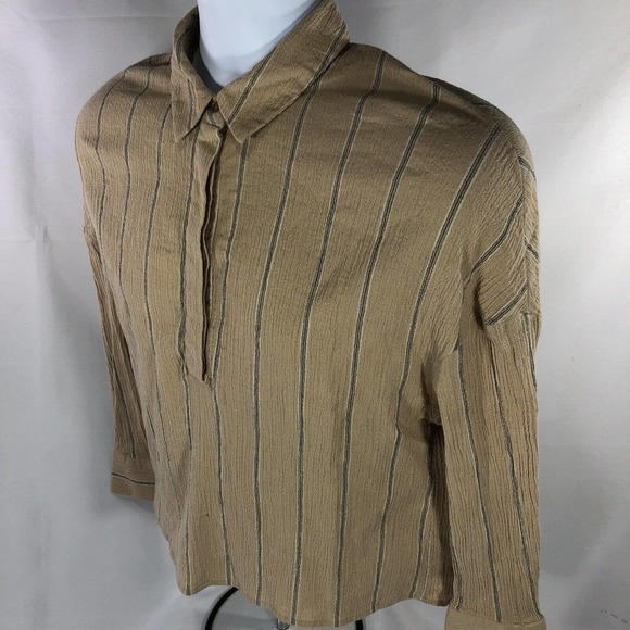URBAN OUTFITTERS SHIRT WOMENS SMALL COLLARED STRIPED LONG SLEEVE BEIGE 1/4 BUTTN - Picture 5 of 13